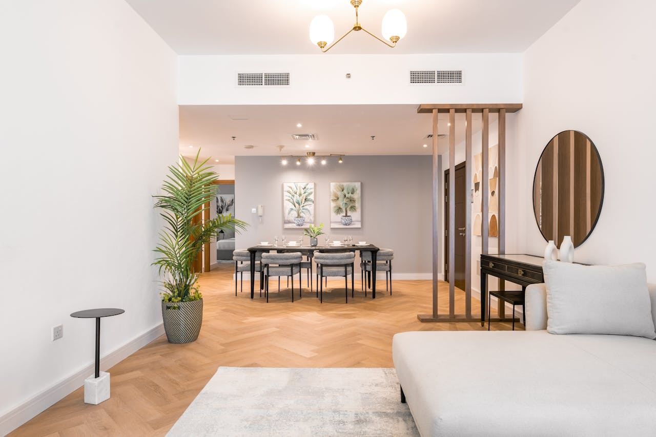 Sleek and stylish dining and living room with contemporary furniture and decor.